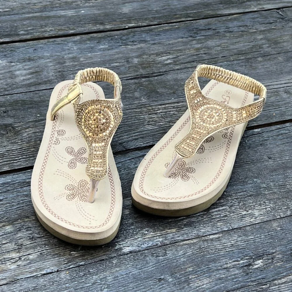 Forever Thong Sandals Gold Rhinestones 6 1/2
